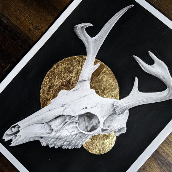 Deer Skull Fine Art Print Gold Leaf Embellished Original Artwork Wall Decor Gift - Picture 1 of 3